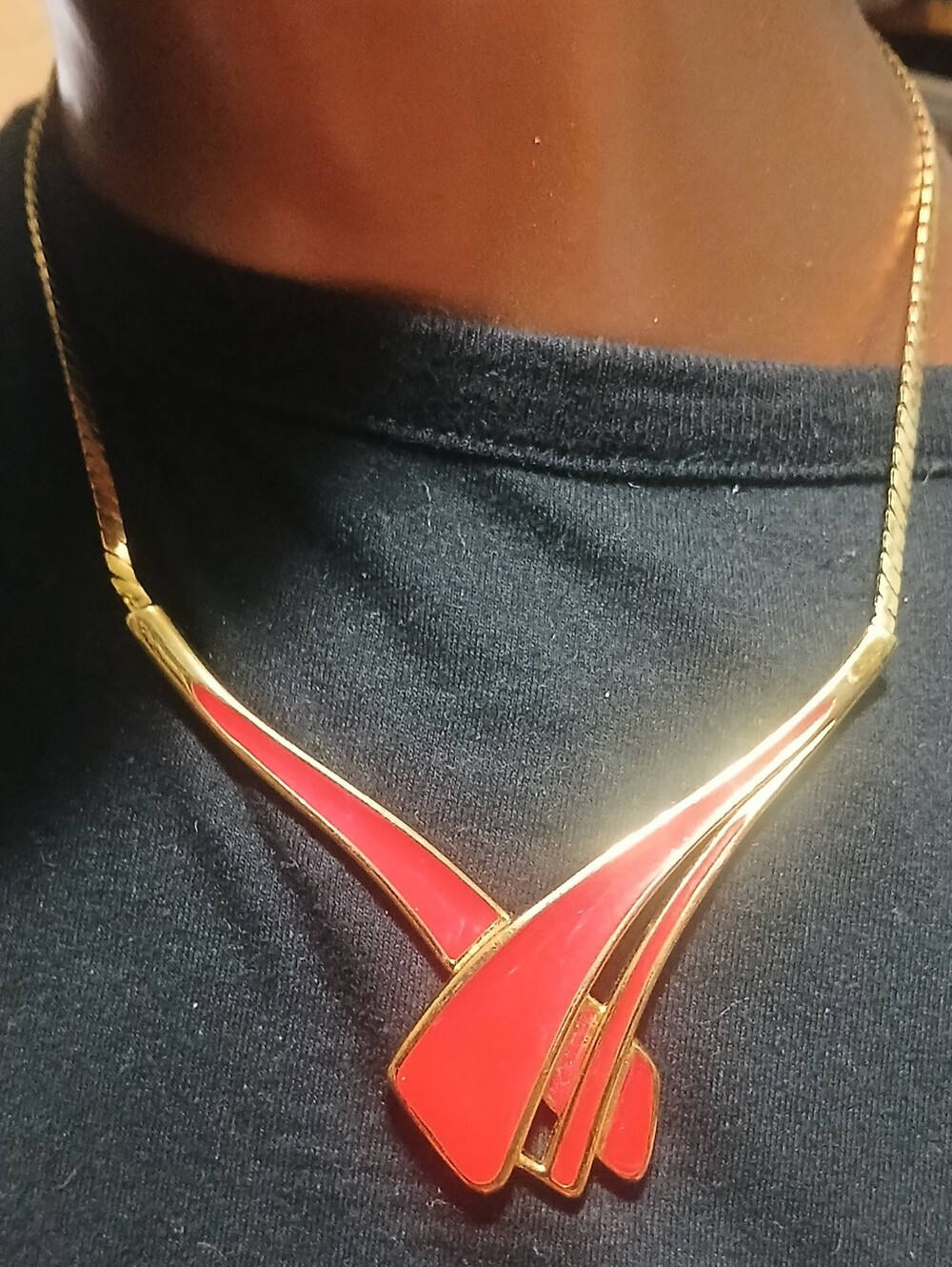 Vintage Trifari Gold-Tone Necklace with Red Enamel Accents